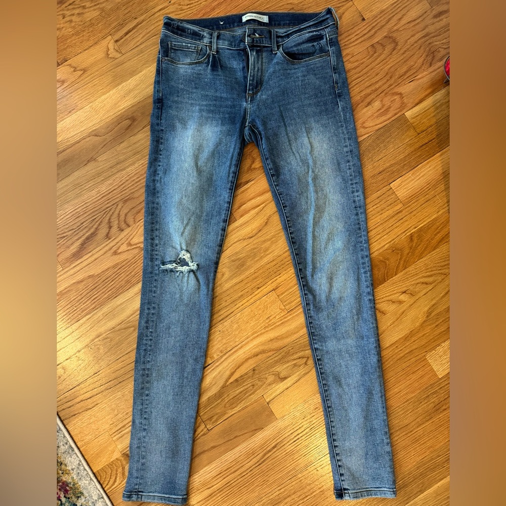 Banana Republic lightly distressed colored skinny jeans with knee cut detail